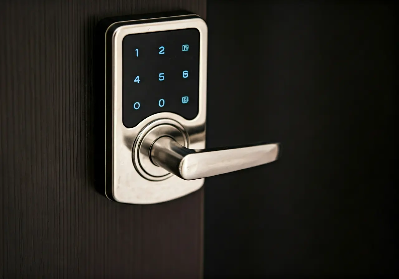 A keyless electronic lock installed on a modern front door. 35mm stock photo