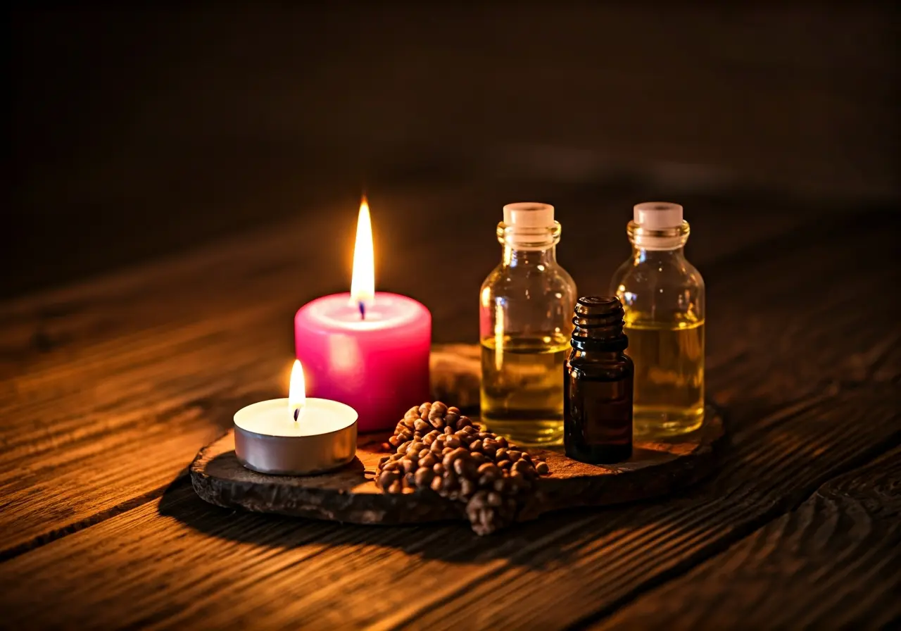 Aromatherapy candles and essential oils on a wooden table. 35mm stock photo