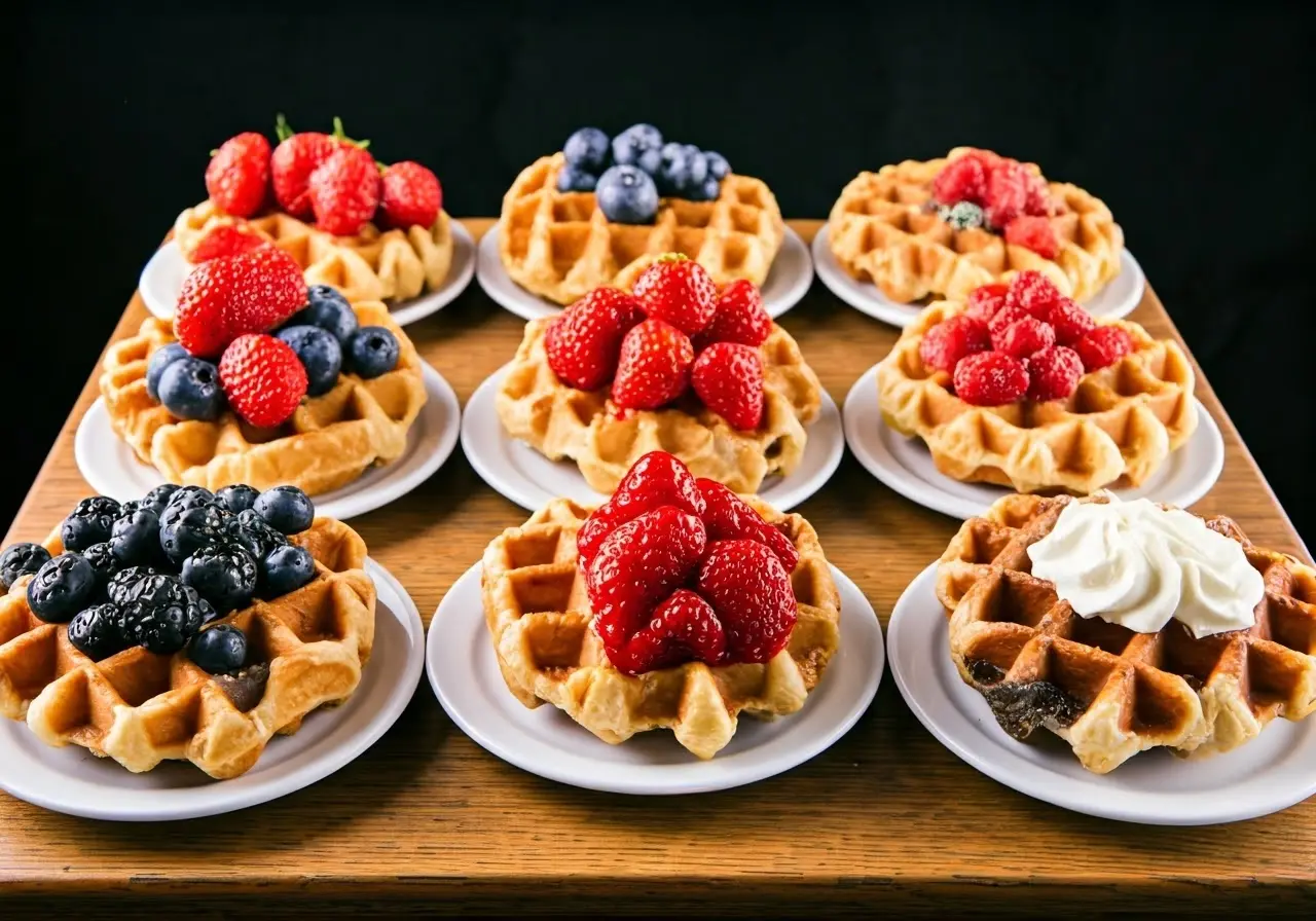 A colorful display of seven different waffle flavors on a table. 35mm stock photo