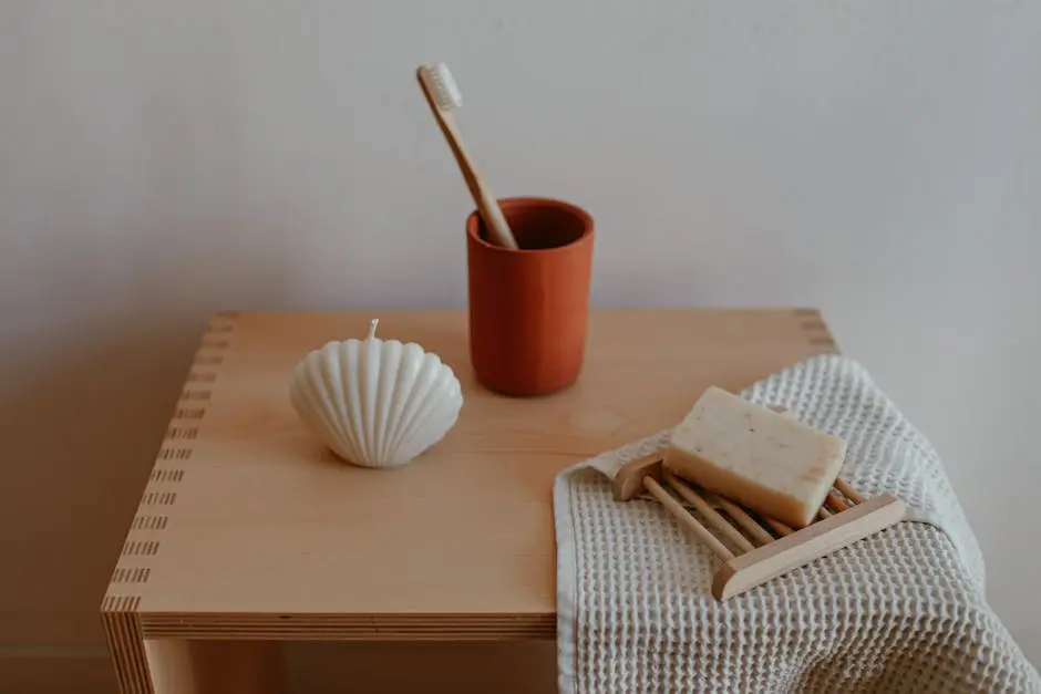 Stylish minimalist bathroom decor showcasing wooden soap dish, candle, and toothbrush on wooden shelf.