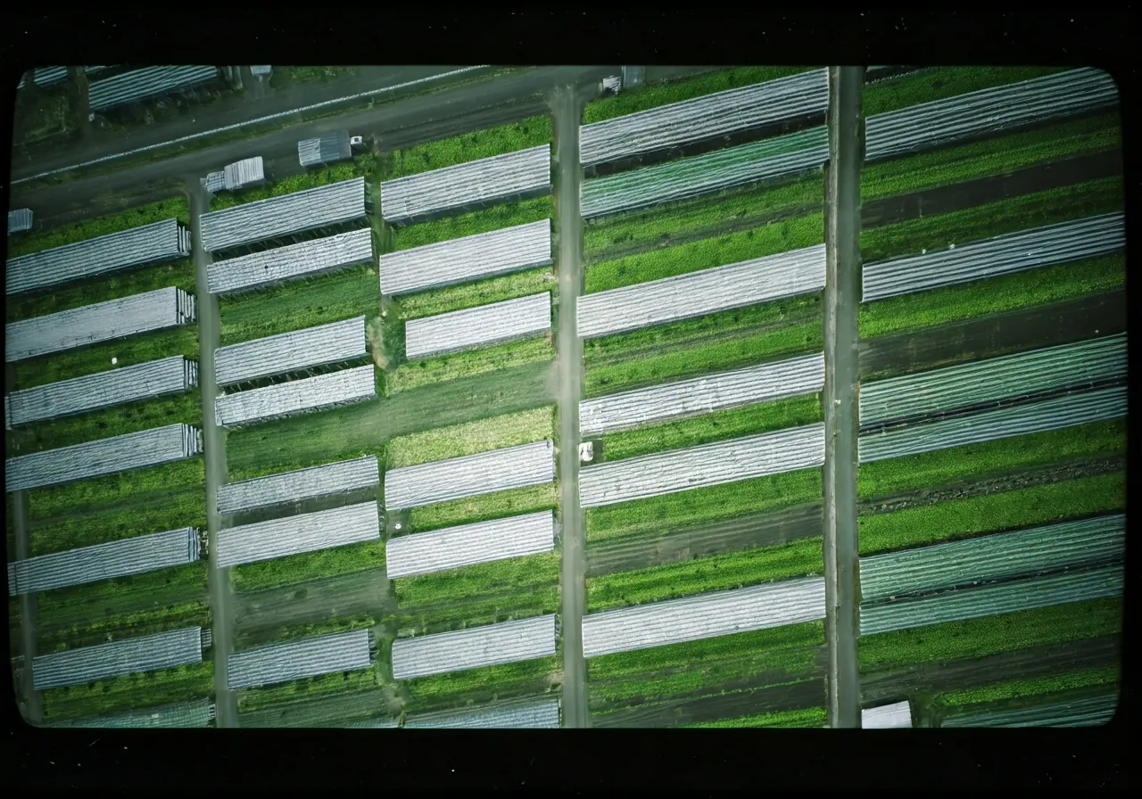 Aerial view of high-tech hydroponic grow facility layout. 35mm stock photo
