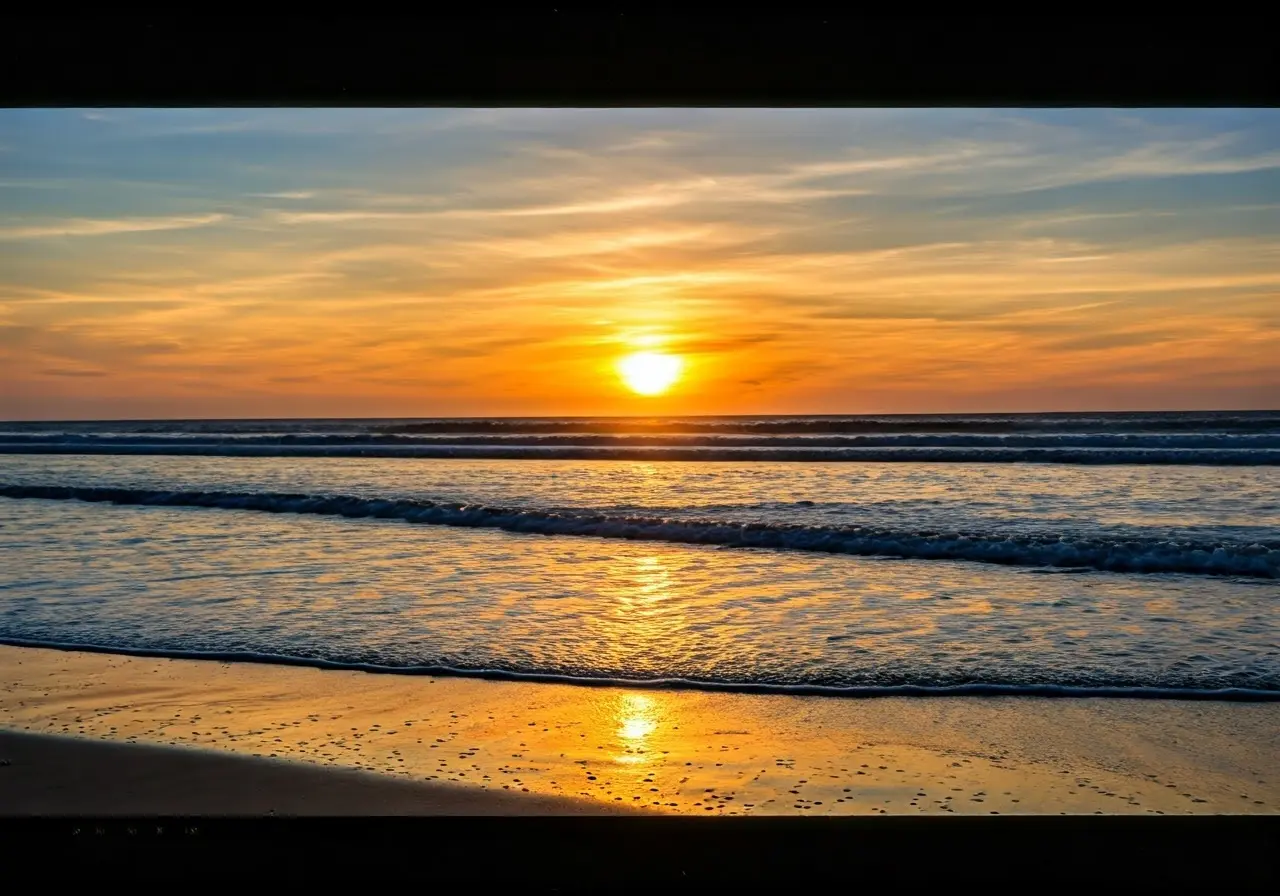 Sunset over a tranquil beach with gentle waves. 35mm stock photo
