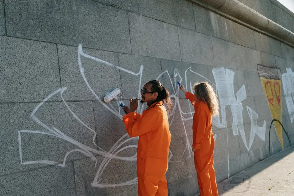 Two individuals cleaning graffiti from a concrete wall in an urban area.