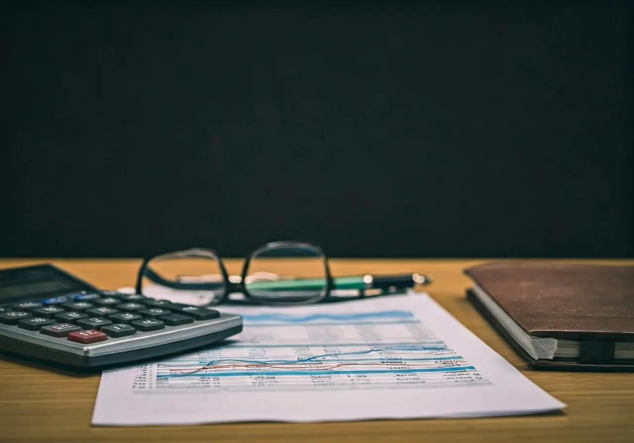 A tidy desk with a calculator, glasses, and financial reports. 35mm stock photo