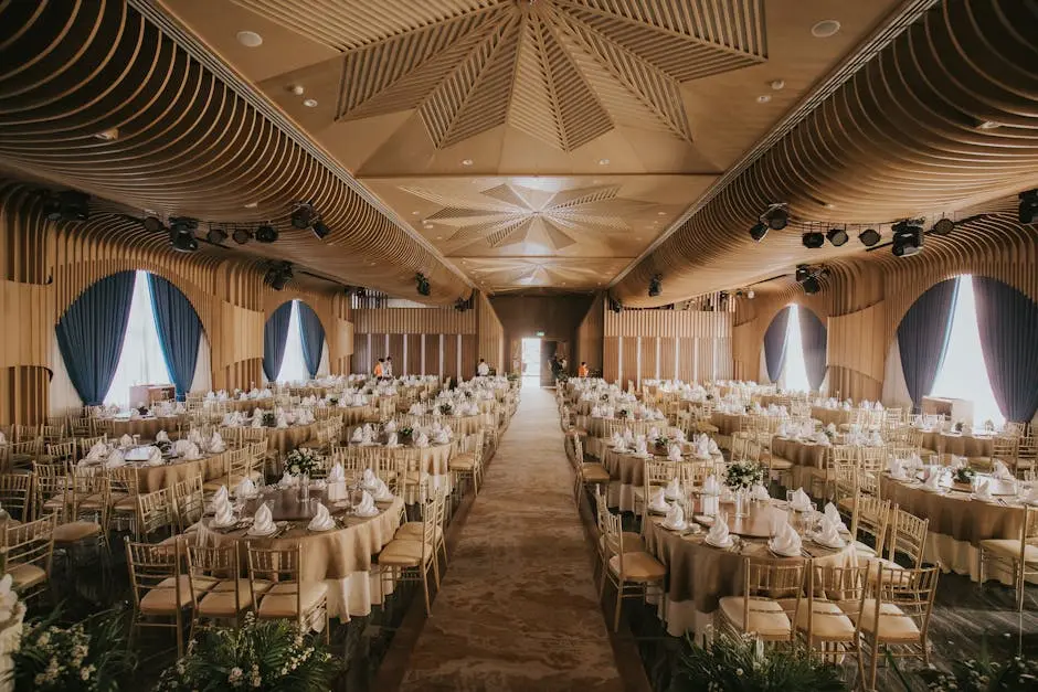 Spacious and luxurious banquet hall in Hồ Chí Minh City, elegantly set for an event with beautifully adorned tables.