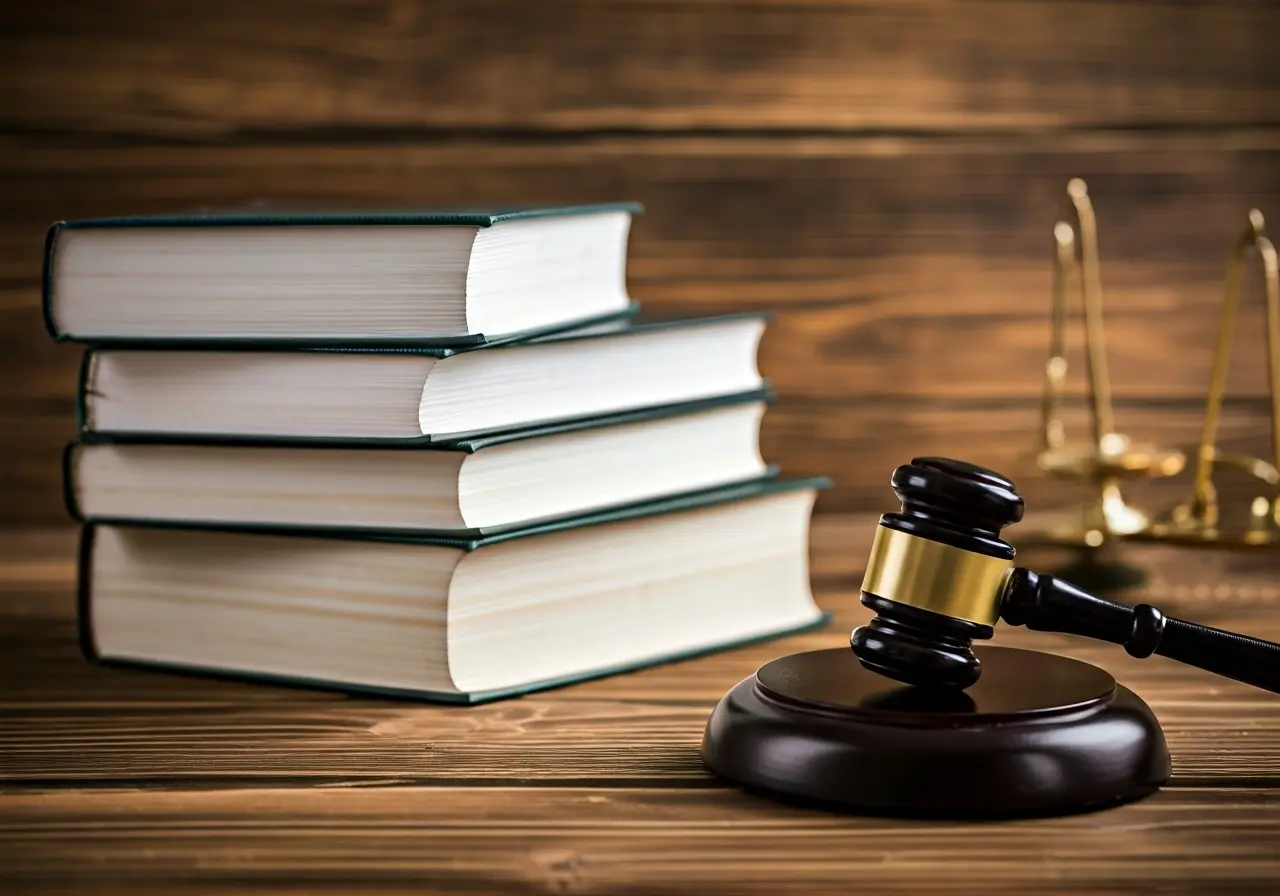 A gavel and law books on a wooden desk. 35mm stock photo