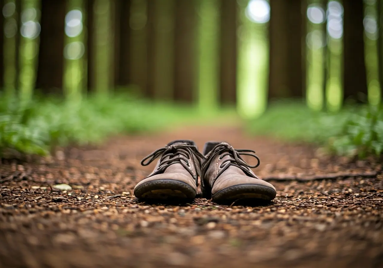 A pair of casual barefoot shoes on a forest trail. 35mm stock photo