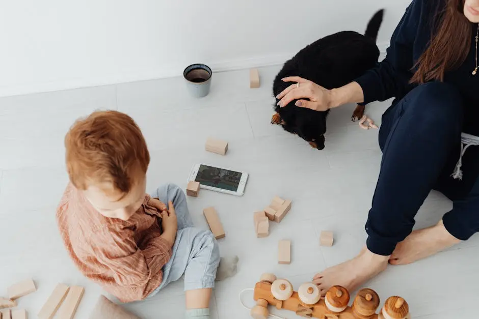 A child playing with wooden blocks alongside a pet dog and adult, creating a warm family atmosphere.