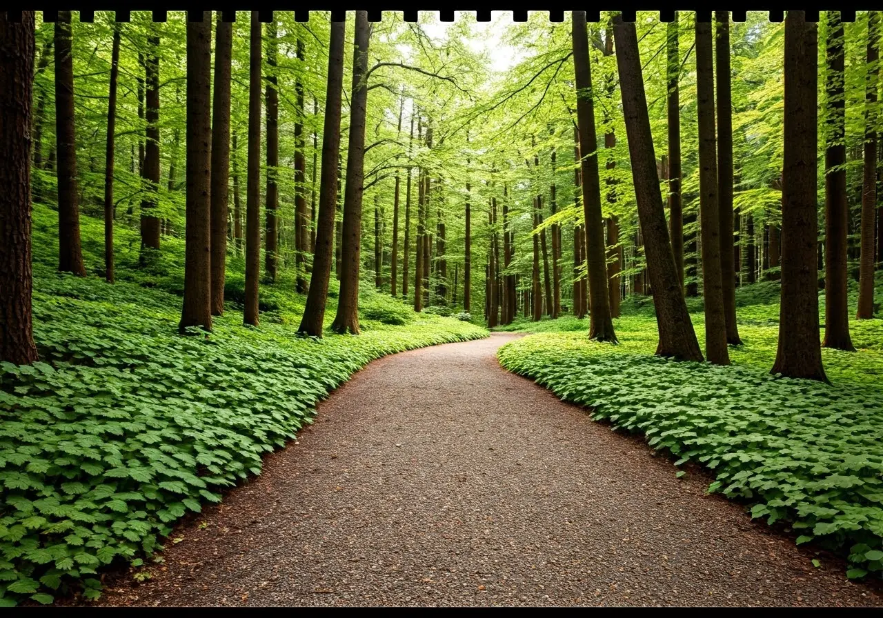 A serene nature scene with a winding meditation path. 35mm stock photo