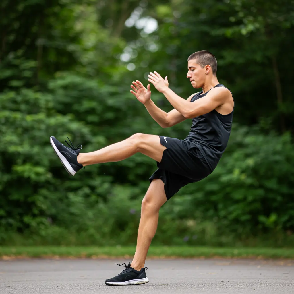 Person doing high knees with arms moving.