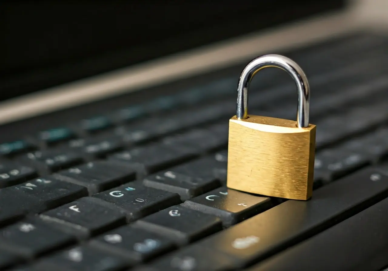 A close-up of a padlock on a computer keyboard. 35mm stock photo