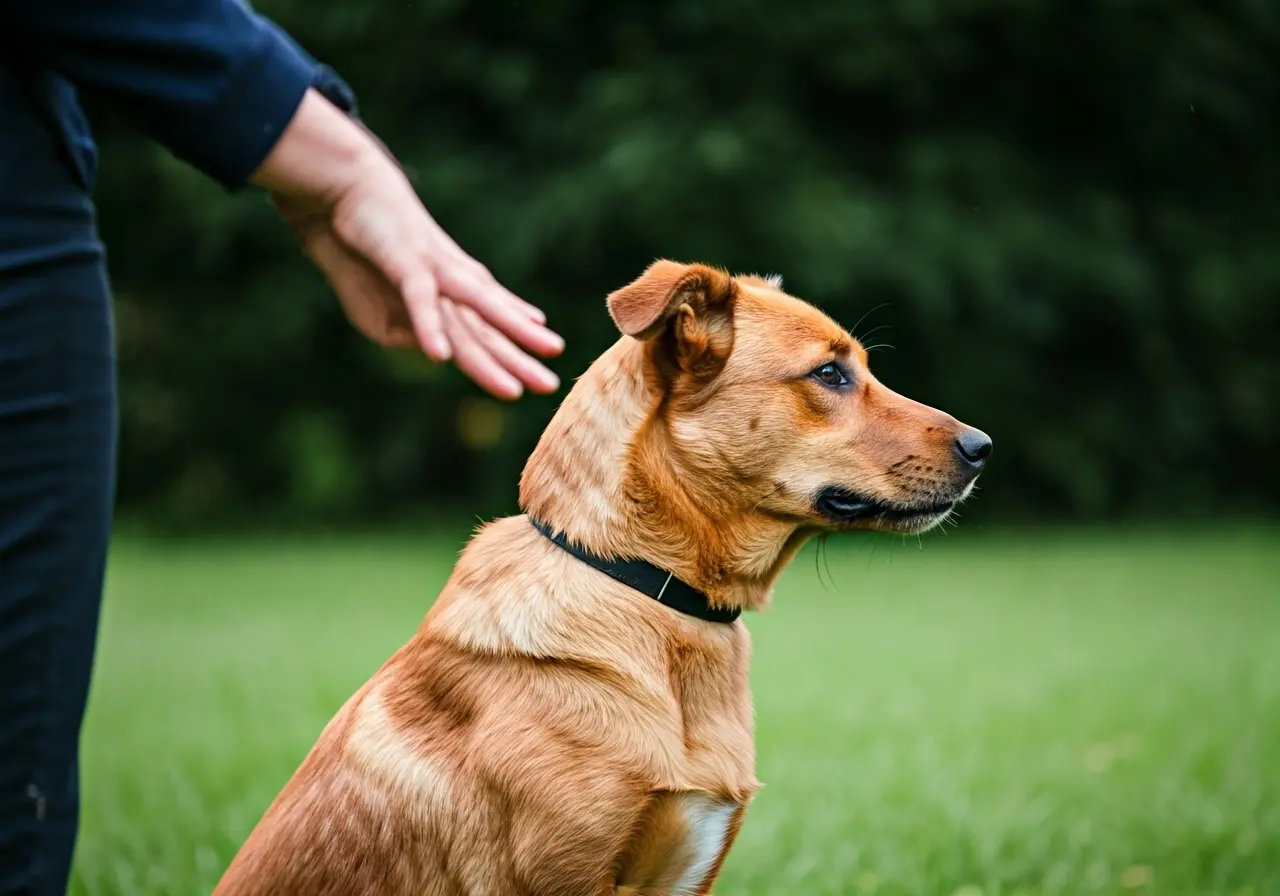 A dog sits attentively, watching a trainer&rsquo;s hand signals. 35mm stock photo
