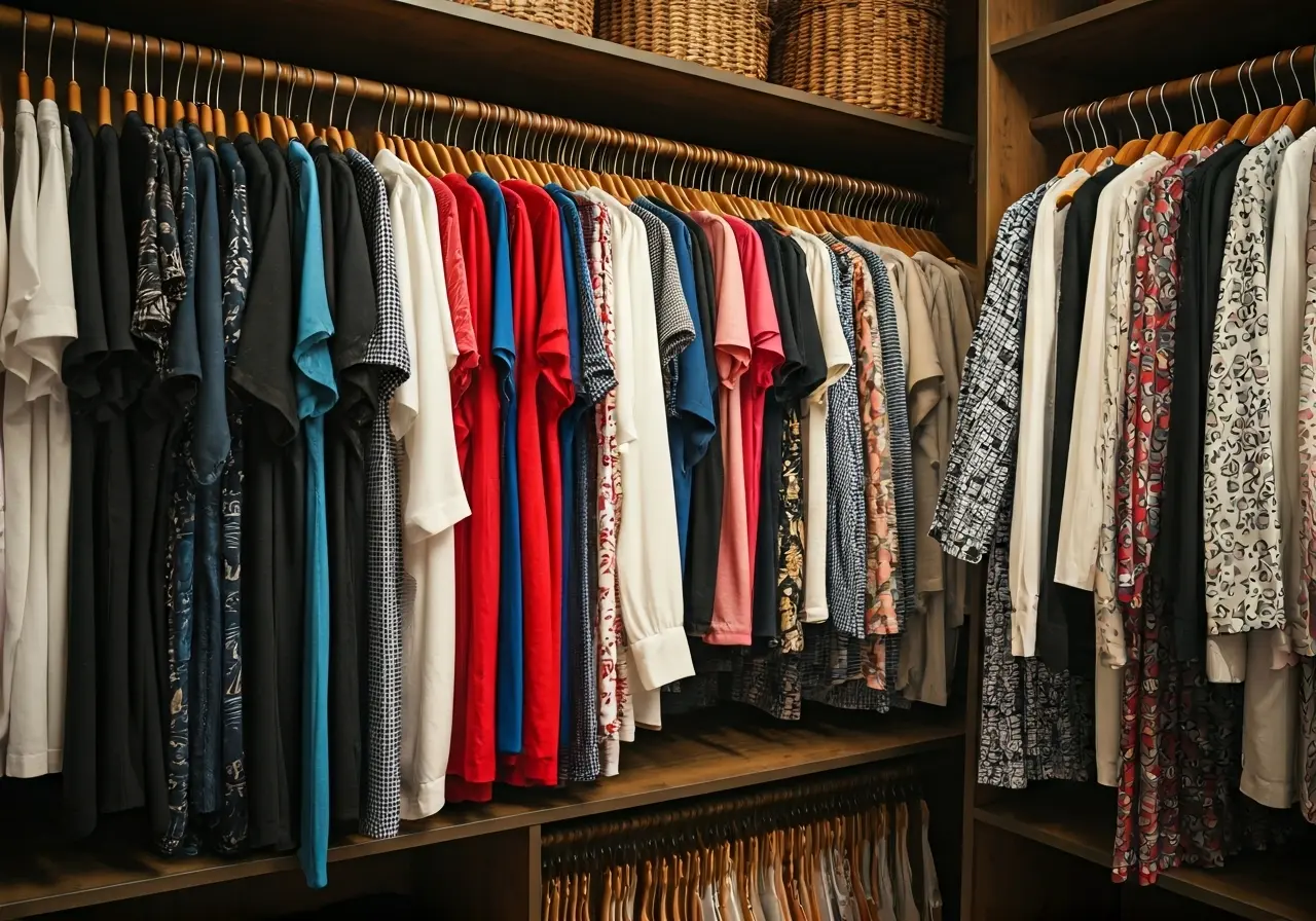 A well-organized closet showcasing colorful Christian-themed clothing. 35mm stock photo