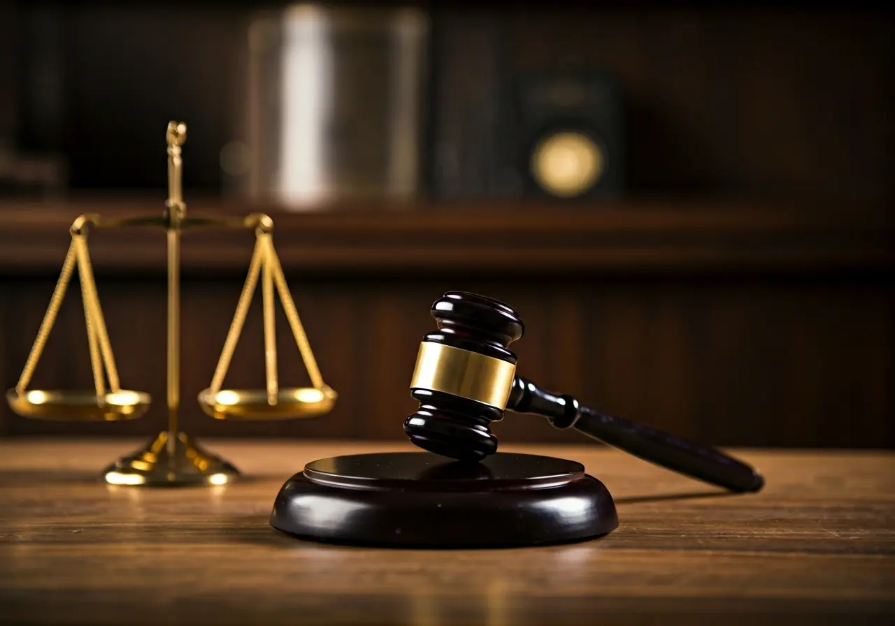 A gavel and scales on a wooden courtroom desk. 35mm stock photo