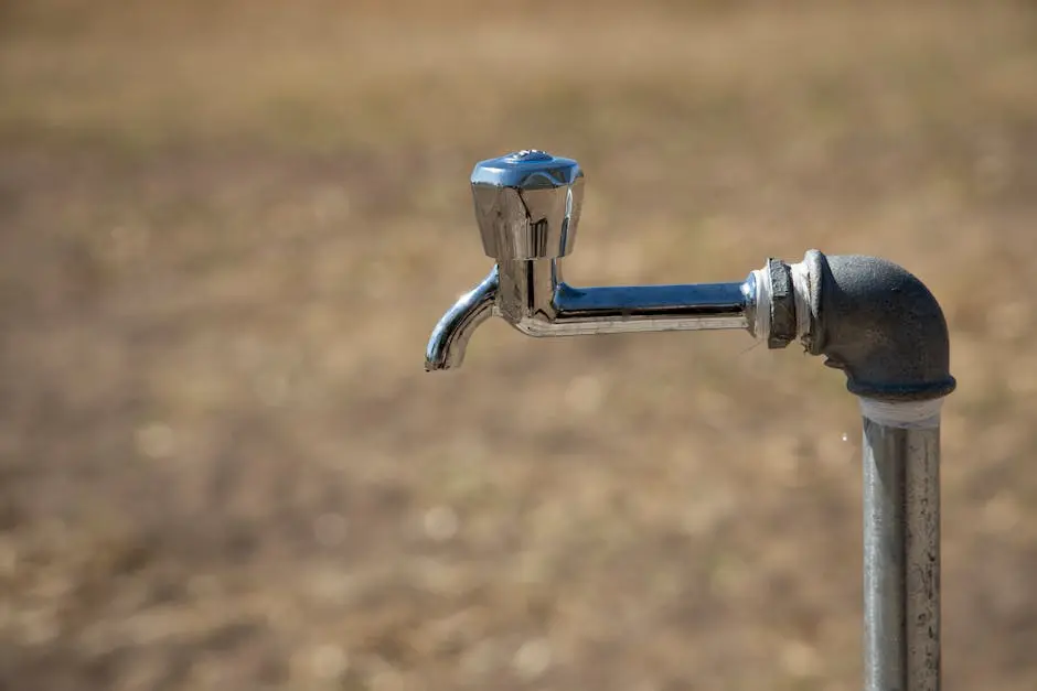 Close-up of a metal water faucet in an outdoor setting, highlighting its rustic charm and simplicity.