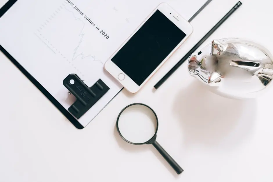 A flat lay of financial documents with a smartphone, magnifying glass, and piggy bank.