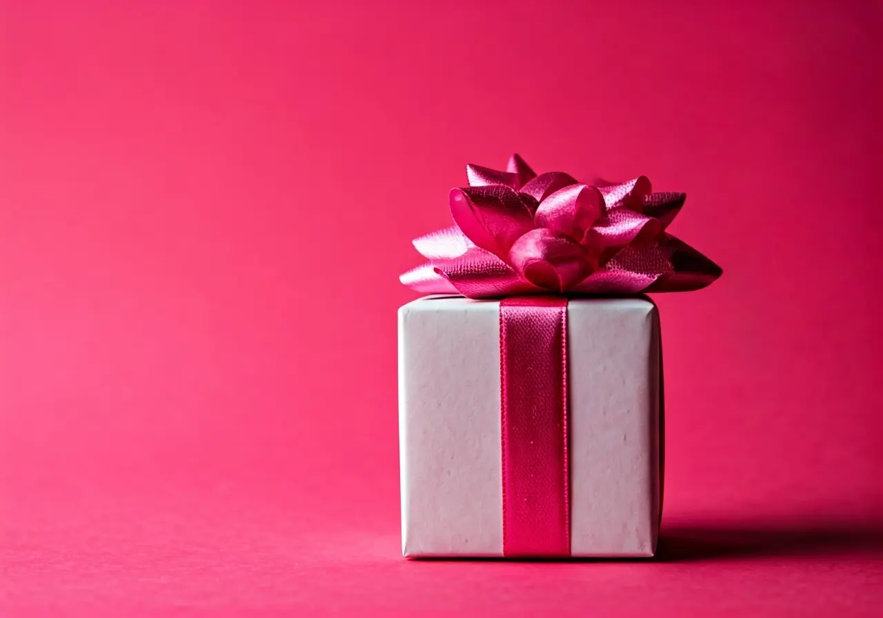 A beautifully wrapped gift with a pink bow and ribbon. 35mm stock photo