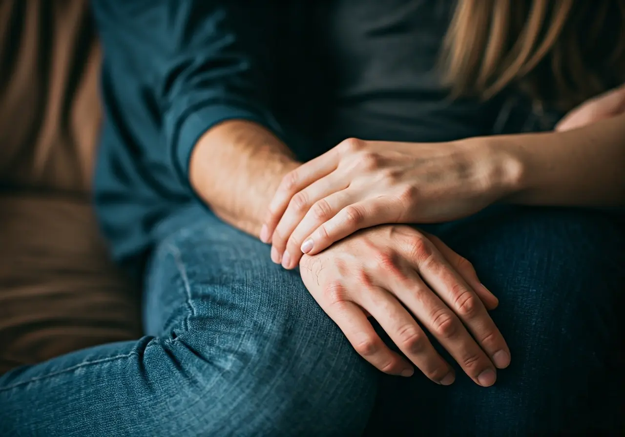 A couple’s intertwined hands resting on a couch. 35mm stock photo