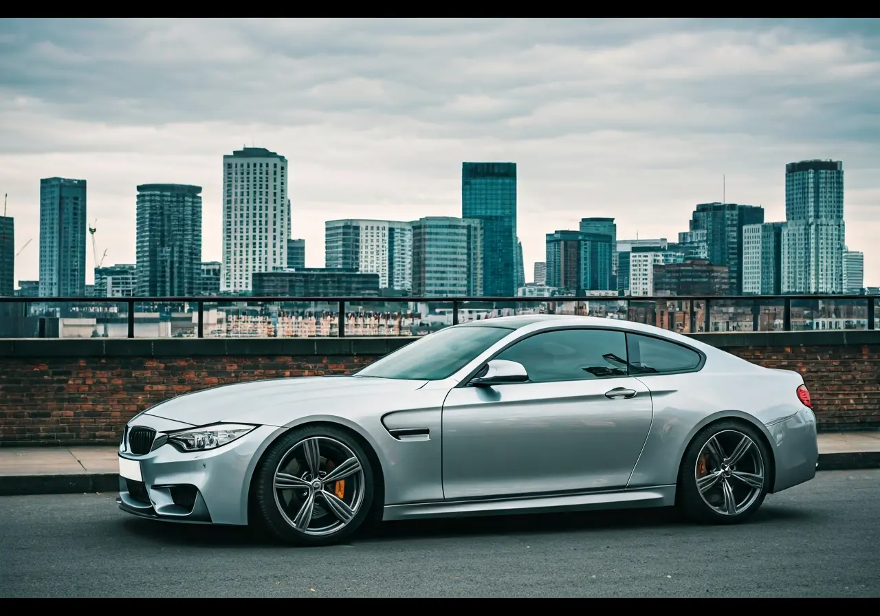 A shiny car parked in front of Manchester cityscape. 35mm stock photo