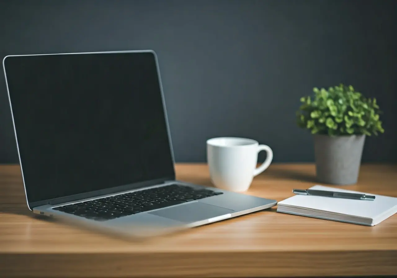 A neatly organized workspace with a laptop and notebook. 35mm stock photo