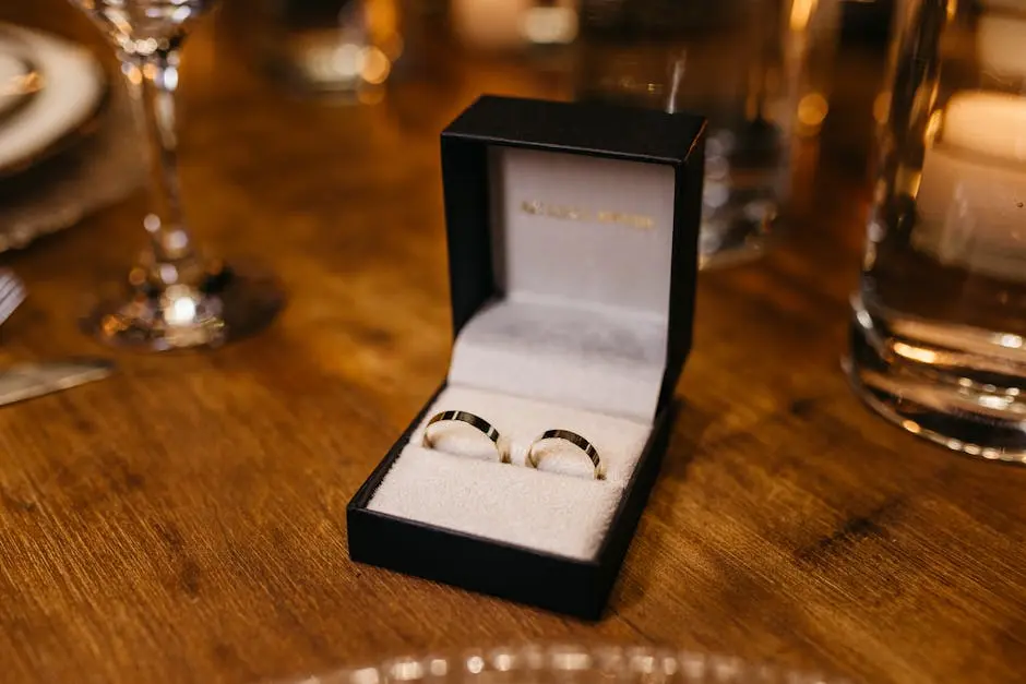 A close-up photo of two gold wedding rings displayed in a black velvet box on a wooden table, embodying sophistication.