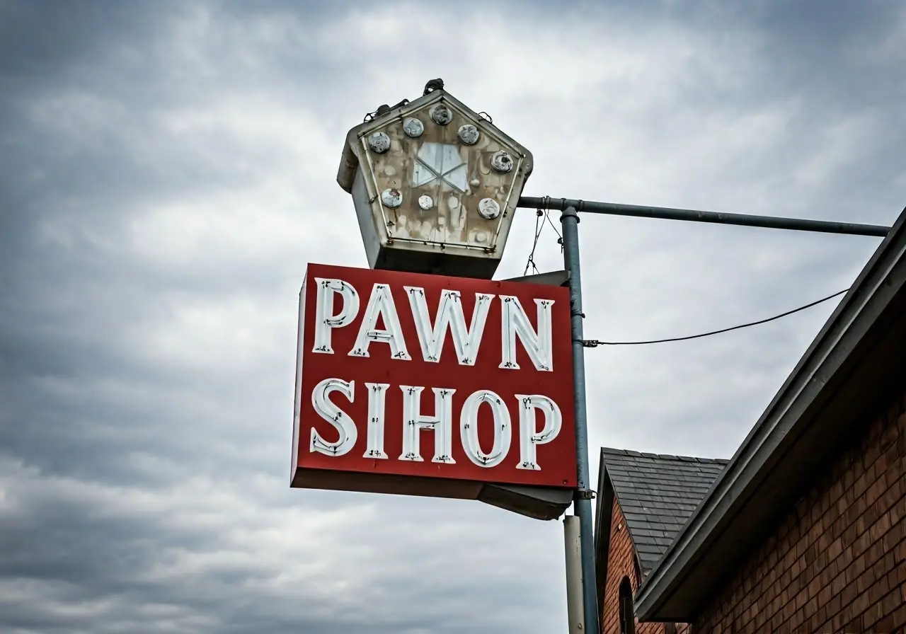 A close-up of a pawn shop sign against a cloudy sky. 35mm stock photo