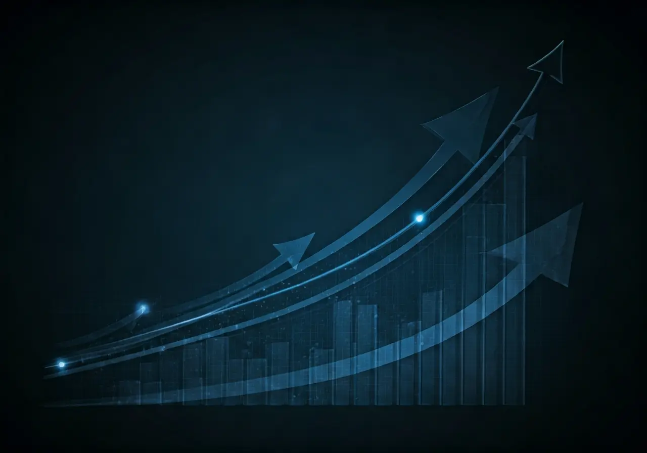 A chart with upward-trending arrows and financial symbols. 35mm stock photo