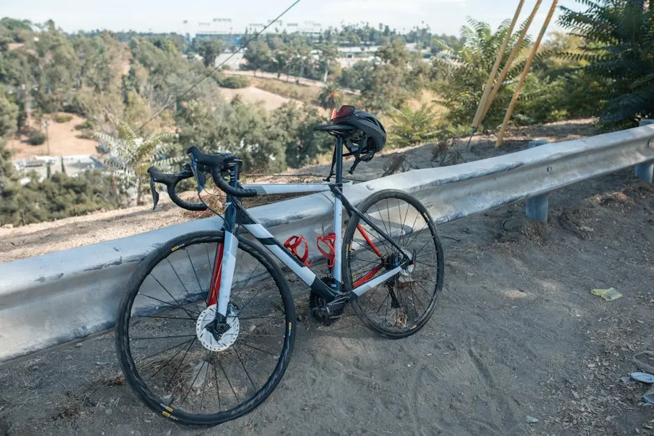 A road bike parked on the roadside near a scenic area with trees under a clear blue sky.