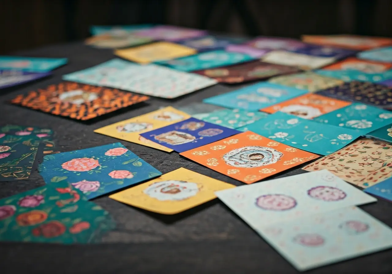 A colorful assortment of festive invitation cards scattered on table. 35mm stock photo