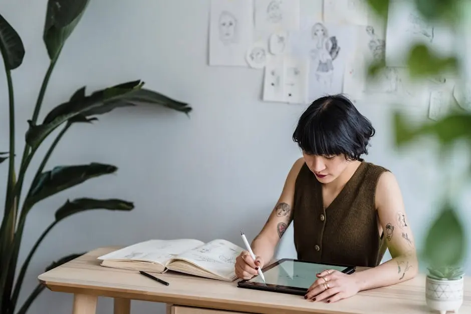 An Asian woman concentrating on digital art creation in a modern indoor workspace.
