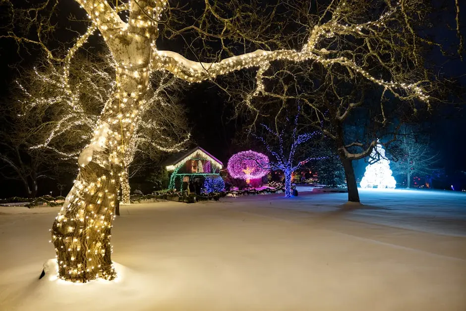 Magical winter scene featuring illuminated trees and a cozy house in snowy Brentwood Bay, Canada.