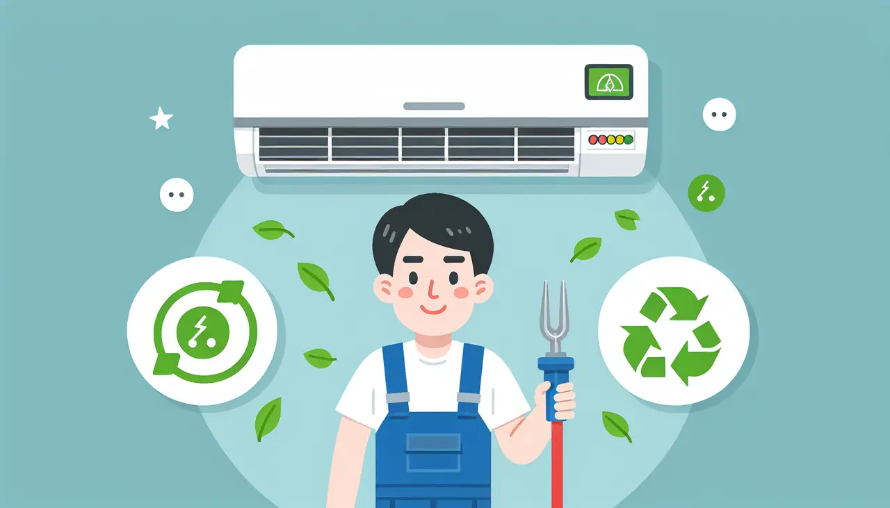 Draw a graphic in flat design style. A flat design illustration of a smiling maintenance technician servicing an air conditioner with green energy symbols around it, conveying efficiency and care.