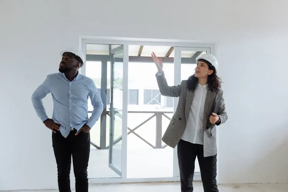 Two contractors inspecting a modern house interior wearing hard hats.