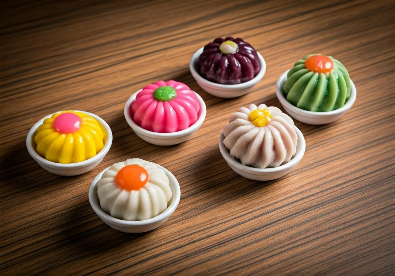 A colorful assortment of Asian fusion desserts on wooden table. 35mm stock photo