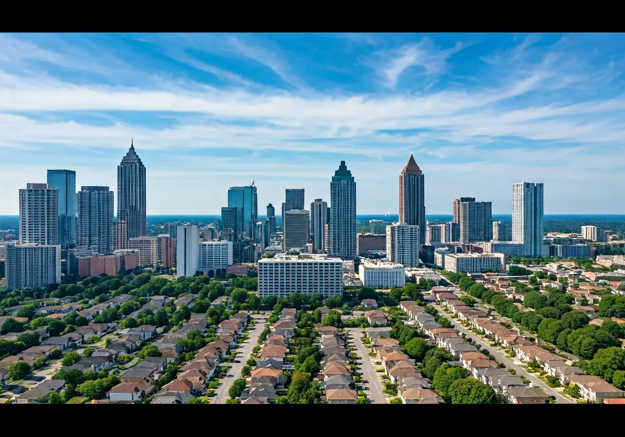 Aerial view of Atlanta skyline with residential houses. 35mm stock photo