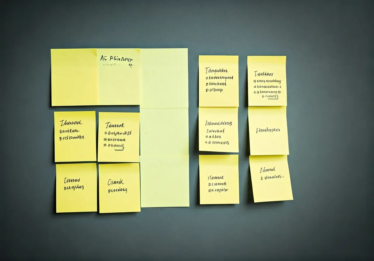 A sticky note wall with app feature ideas and priorities. 35mm stock photo
