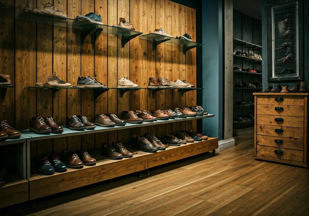 A cozy shoe store interior with various stylish shoes displayed. 35mm stock photo