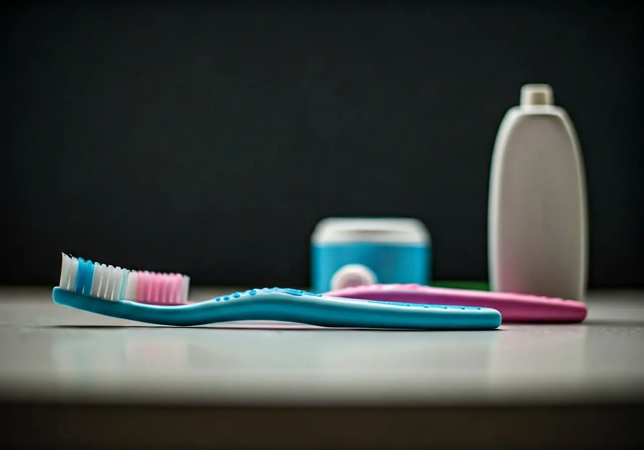 Colorful toothbrushes and cheerful toothpaste on a bright countertop. 35mm stock photo