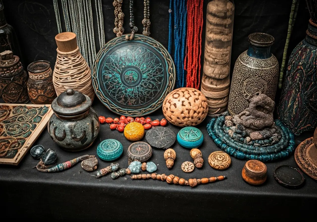 A variety of spiritual symbols and artifacts on a table. 35mm stock photo