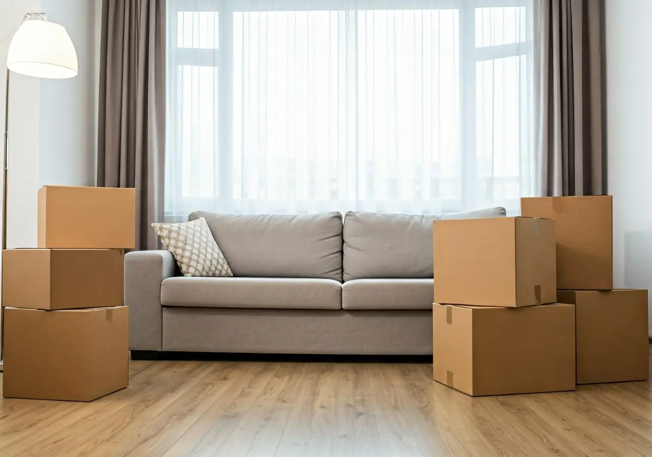 A serene living room with neatly packed moving boxes. 35mm stock photo