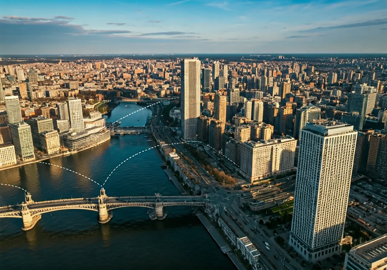 Aerial view of famous landmarks connected by dotted lines. 35mm stock photo