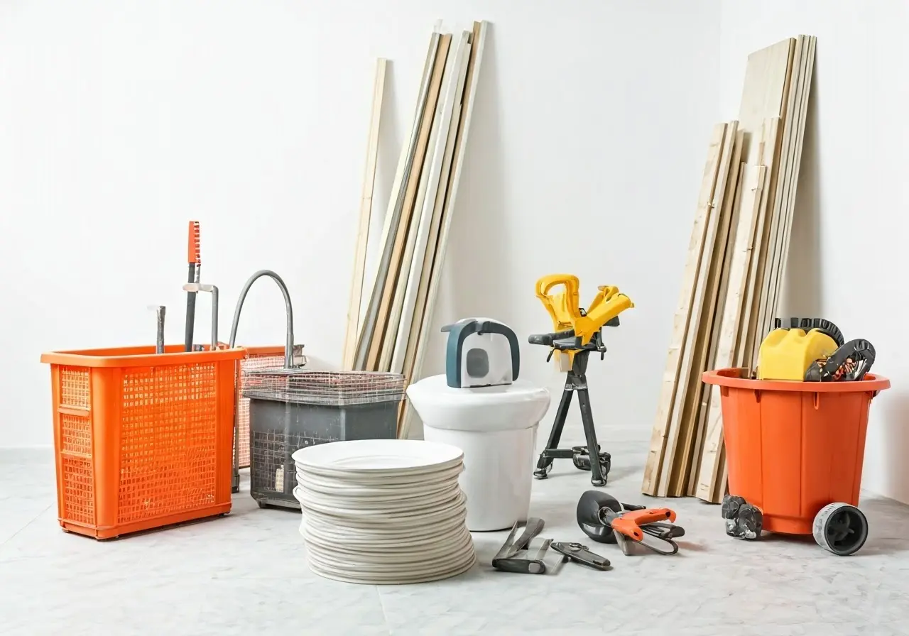 A neatly organized collection of bathroom renovation tools and materials. 35mm stock photo