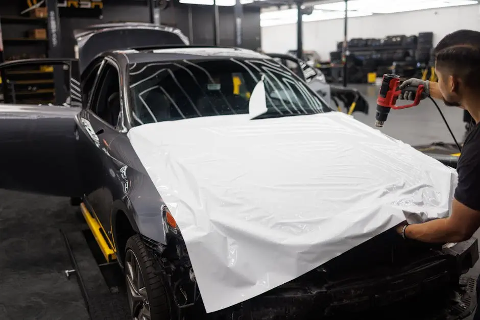 Car being wrapped with white vinyl in an auto workshop by a skilled mechanic.