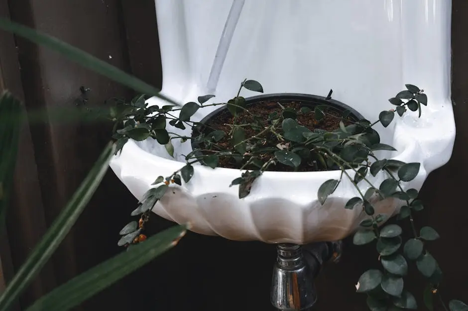 A unique plant arrangement using a repurposed urinal as a plant pot with trailing vines.