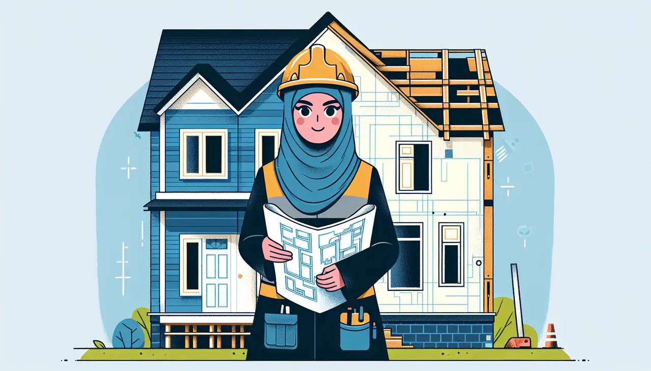 Draw a graphic in flat design style. A flat design illustration of a construction worker holding blueprints in front of a half-renovated house, showcasing both the old and new sections of the home.
