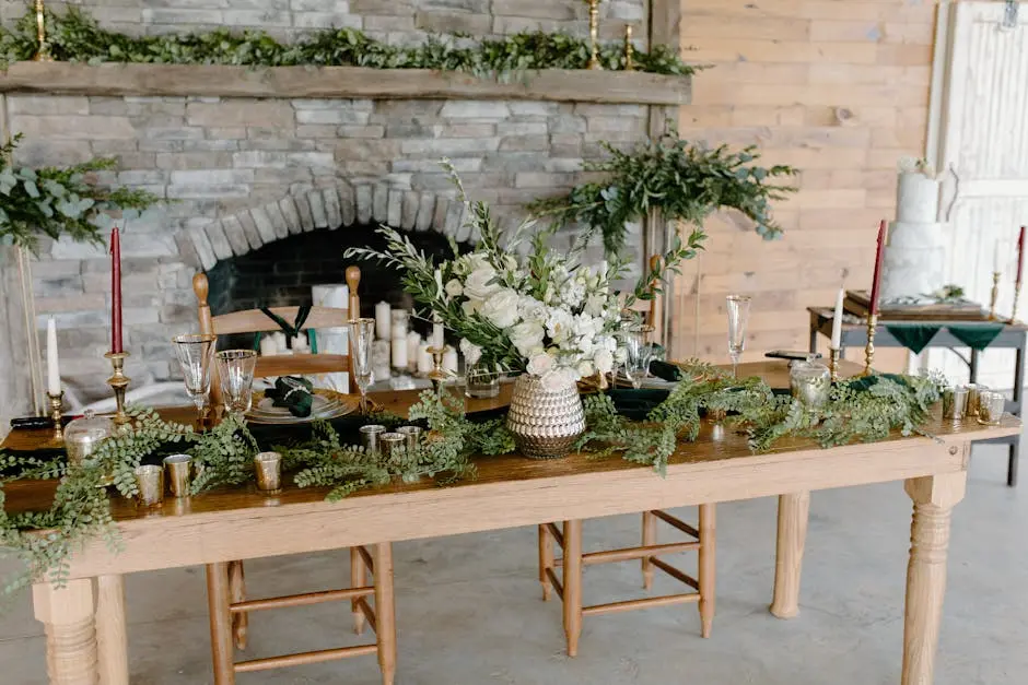 Luxurious wedding reception setup with floral arrangements and candles.