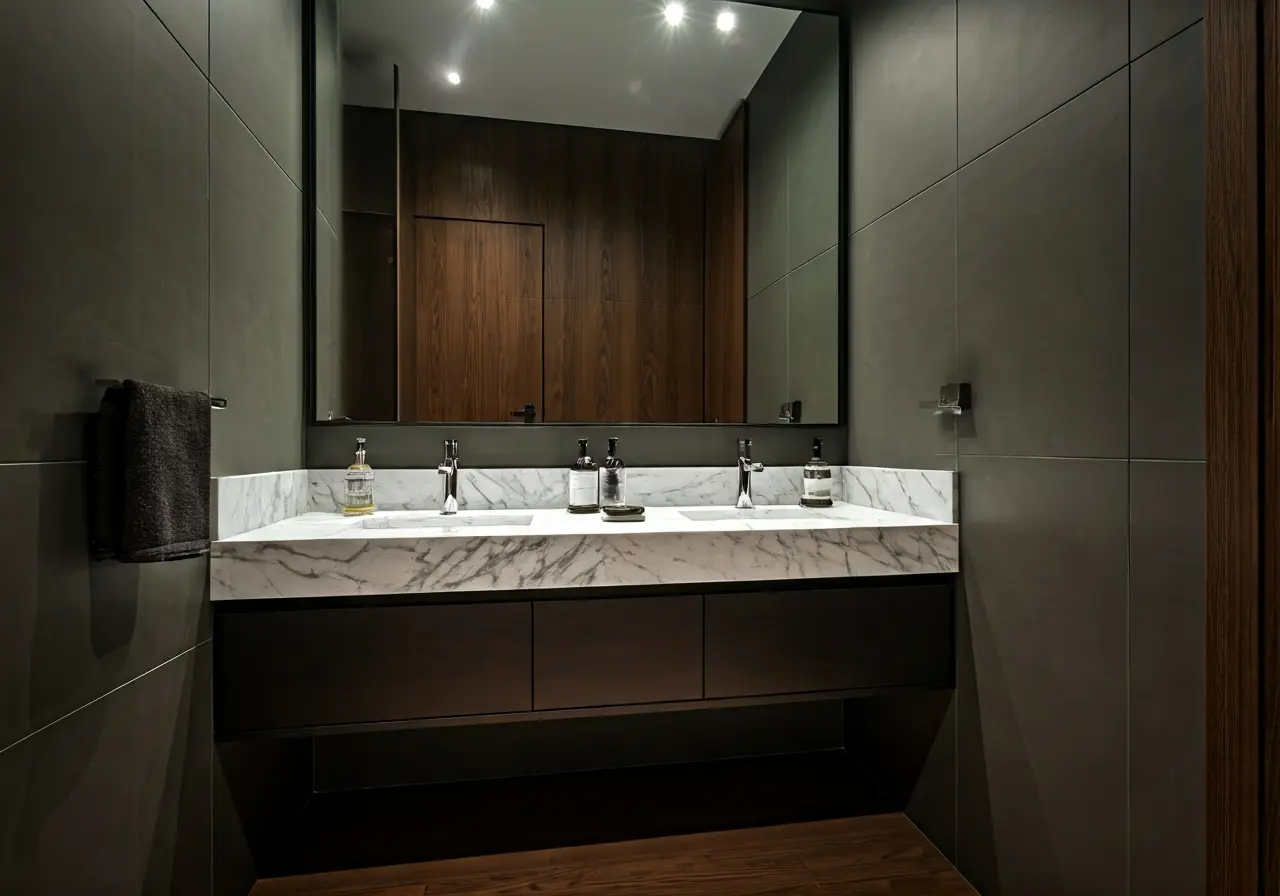 A modern bathroom with sleek fixtures and marble countertops. 35mm stock photo