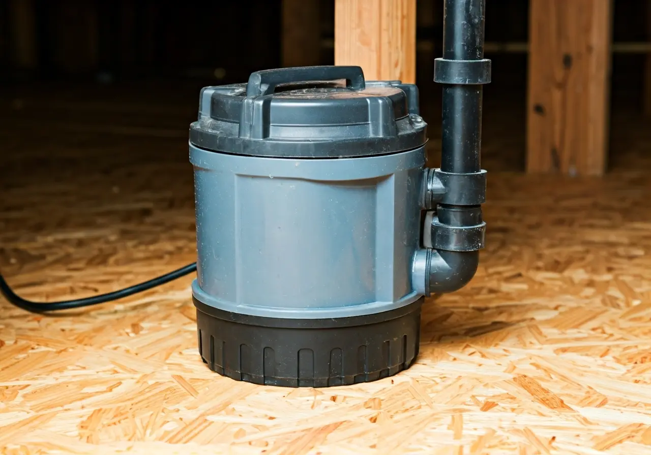 A clean, well-maintained sump pump in a dry basement. 35mm stock photo