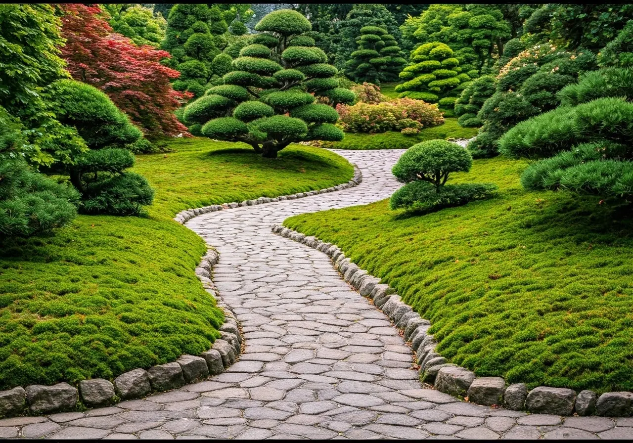 A tranquil garden with meticulously designed stone drainage. 35mm stock photo