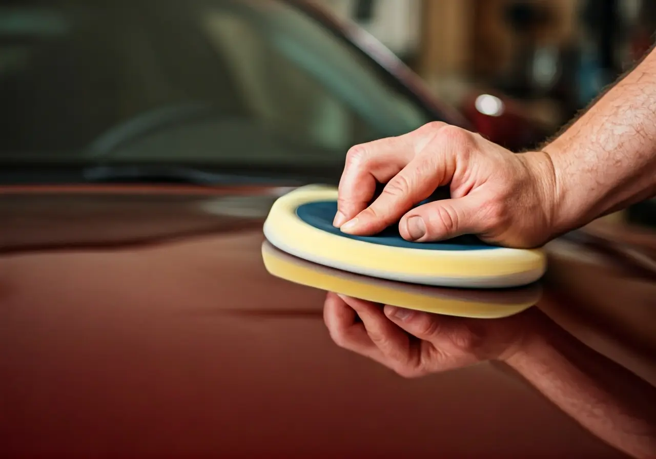 A close-up of a hand polishing a shiny car surface. 35mm stock photo